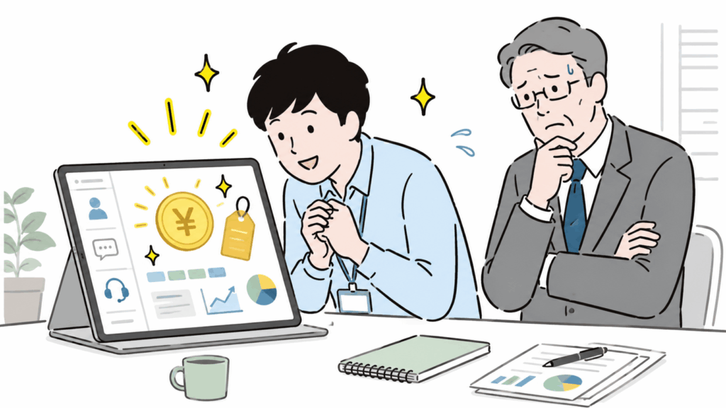 ツール料金プランの説明を受けながら費用対効果を検討する担当者と上司