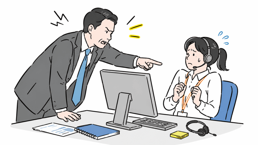 カスタマーサポート担当者が上司から強く詰め寄られ困惑している職場環境