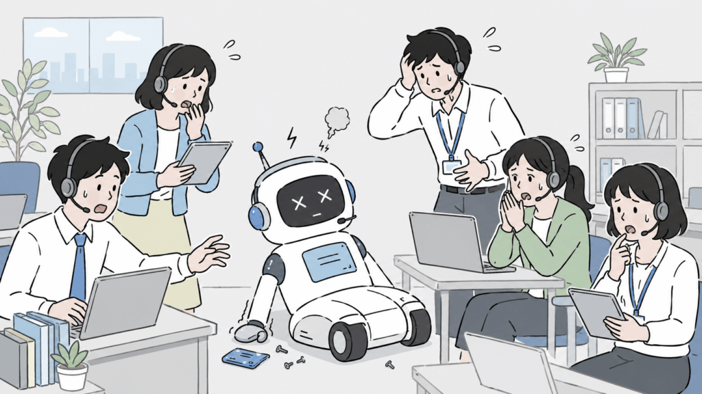 AIチャットボット障害でサポート業務が混乱する様子